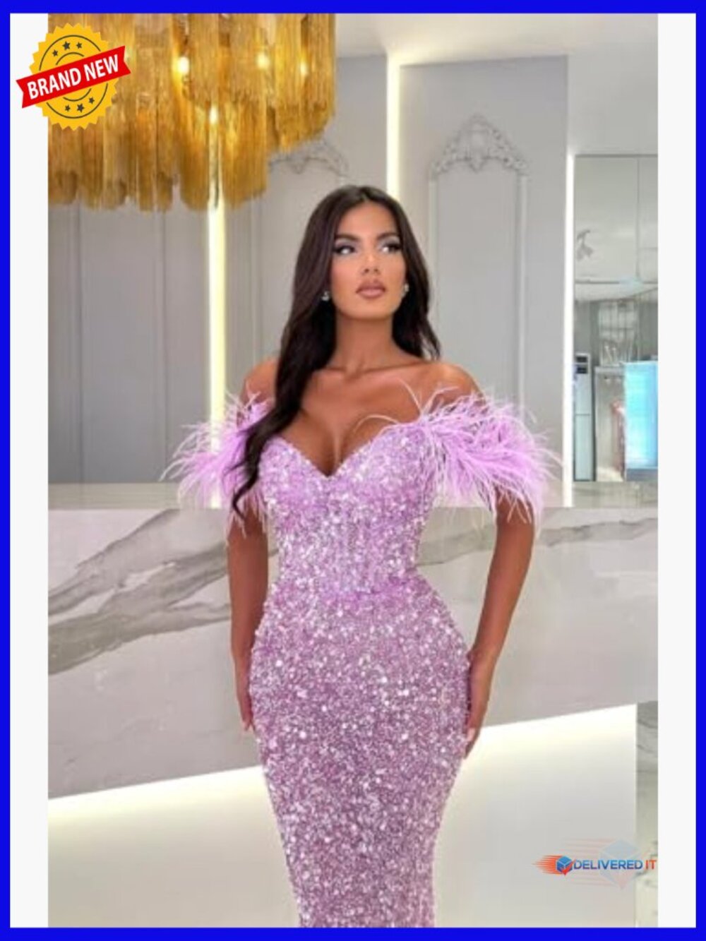 Off Shoulder Sweetheart Mermaid Prom Dress Long Sparkly Sequin Feather Formal - Picture 2 of 6